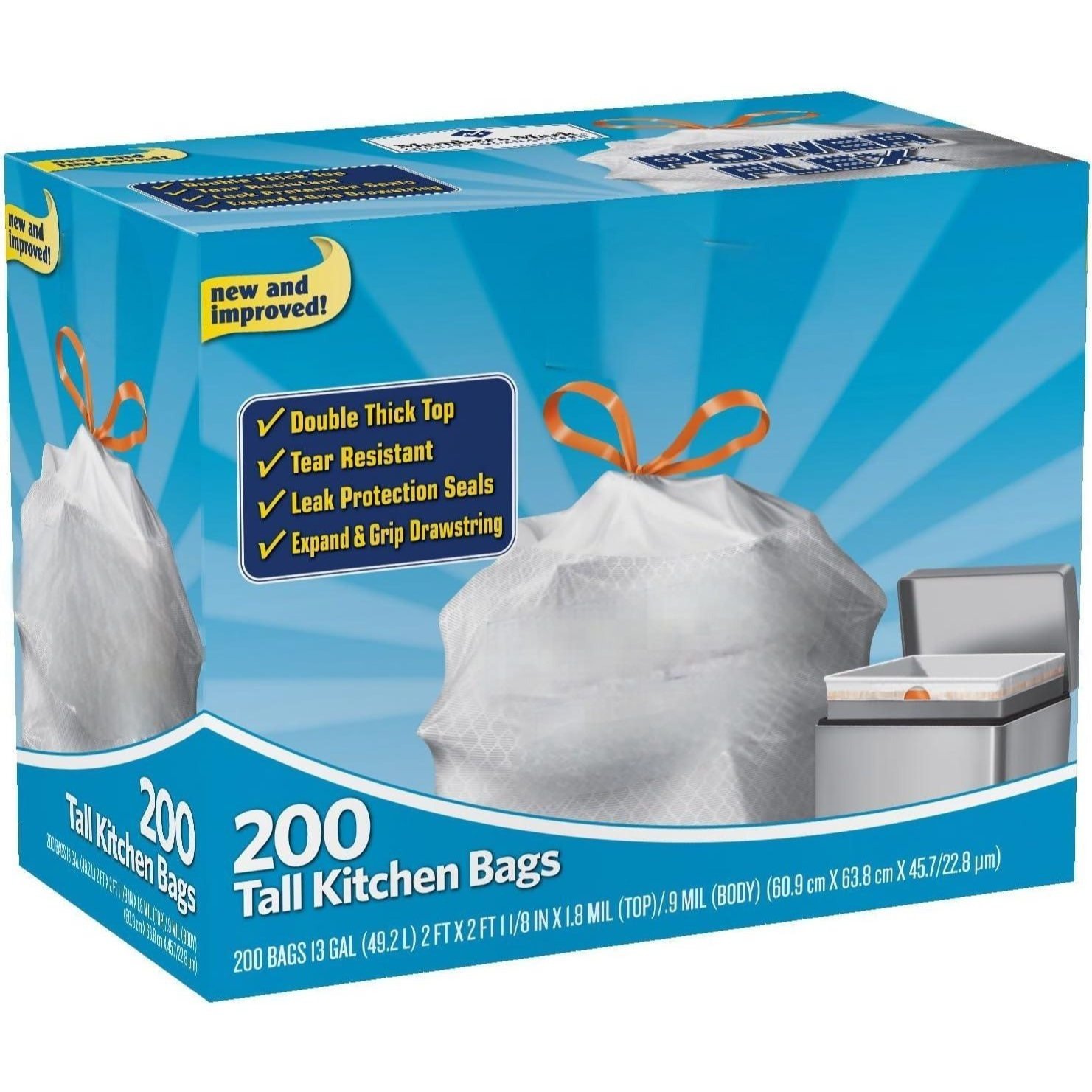 200-   13 GALLON white drawstring garbage bag, comfortable to touch.
