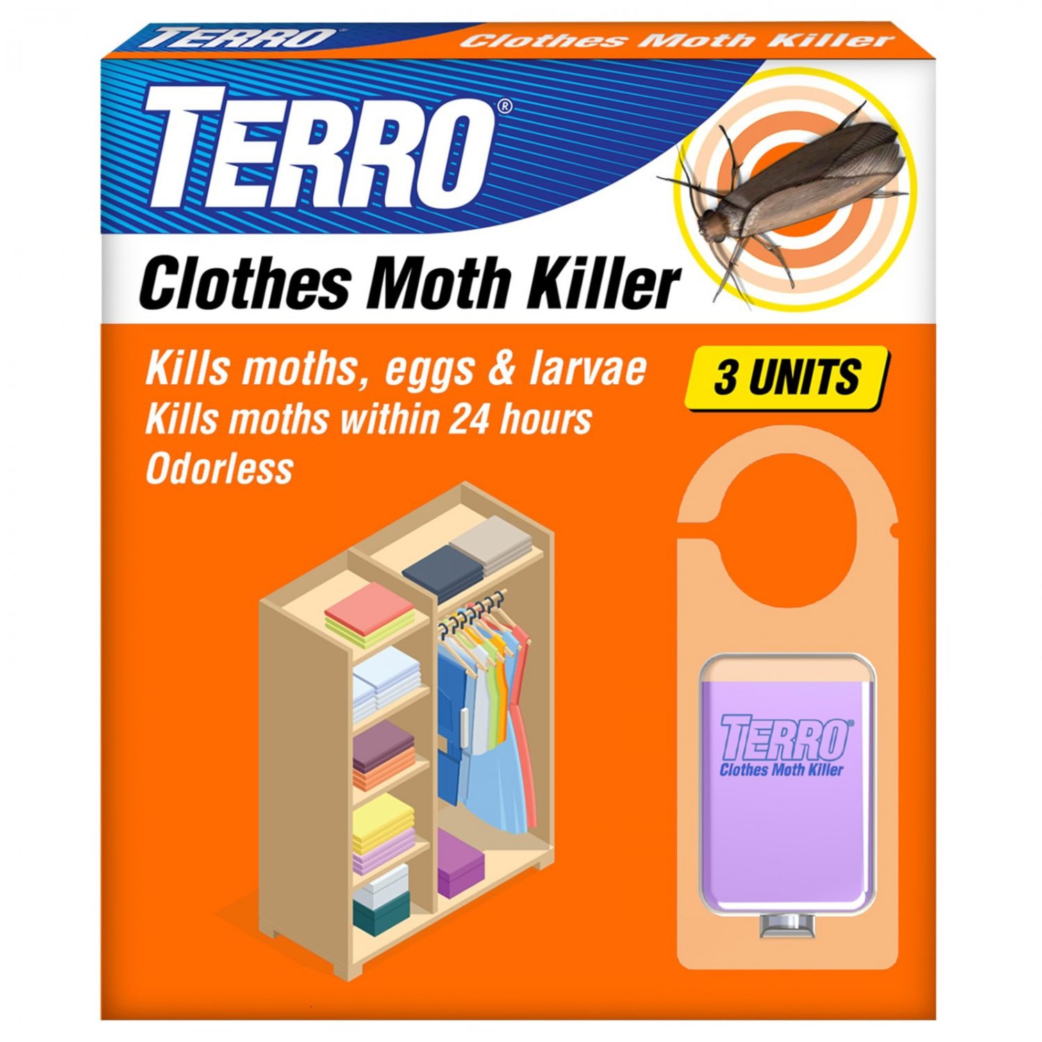 TERRO T2903 Clothes Moth Killer 3 Pack Kills Adult Moths Larvae Closet Protectione...