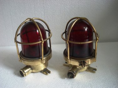 2 pcs VINTAGE ship's BRASS Passage Light / Lamp -RED GLASS -SHIP'S 100% ORIGINAL