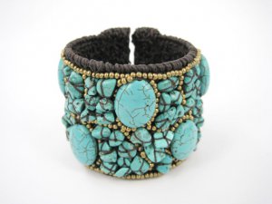 Turquoise Stone Beads Handmade Brass Wire Cuff
