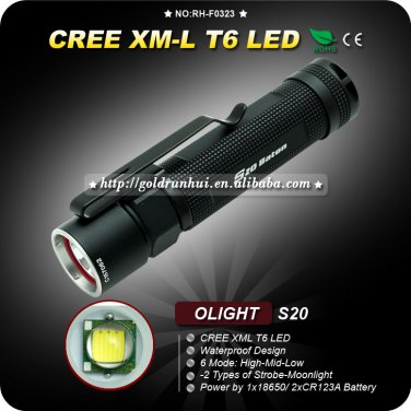 1PC Olight S20 Flashlight 6 Mode CREE XM-L T6 LED 18650 Battery Aluminum III IPX-8