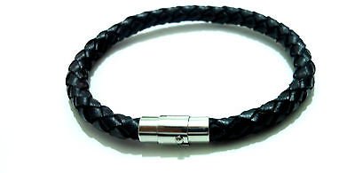 Men Unisex Stainless Steel 316 L 6 mm Black Genuin Leather Bracelet Magnetic Clasp Bangle Wristband