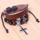 Unisex Cross Leather Pendant Bracelet Surfer Tribal Cuff Handmade Cord Bangle Wood beads Wristband