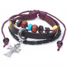 Unisex Cross Leather Pendant Bracelet Surfer Tribal Cuff Handmade Cord Bangle Wood beads Wristband