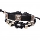 Unisex Silver Leather Pendant Bracelet Surfer Tribal Cuff Handmade Bangle Wooden beads Wristban