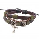Unisex Silver Cross Leather Pendant Bracelet Surfer Tribal Cuff Handmade Bangle Wood beads Wristban
