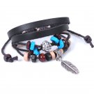 Unisex Silver Feather Leather Pendant Bracelet Surfer Tribal Cuff Handmade Bangle beads Wristban