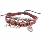 Unisex Silver Heart Leather Pendant Bracelet Surfer Tribal Cuff Handmade Bangle beads Wristban