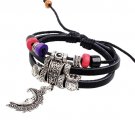 Unisex Silver Moon Leather Pendant Bracelet Surfer Tribal Cuff Handmade Bangle beads Wristband