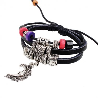 Unisex Silver Moon Leather Pendant Bracelet Surfer Tribal Cuff Handmade Bangle beads Wristband