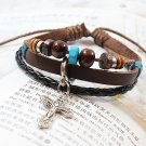 Unisex Silver Cross Leather Pendant Bracelet Surfer Tribal Cuff Handmade Bangle beads Wristband
