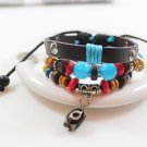 Unisex Black Bead Leather Pendant Bracelet Surfer Tribal Cuff Handmade Bangle beads Wristband