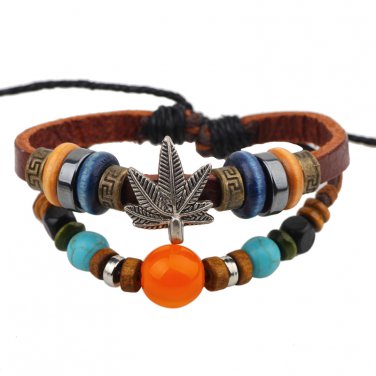Unisex Marijuana Orange Leather Pendant Bracelet Surfer Tribal Cuff Handmade Bangle  Wristband