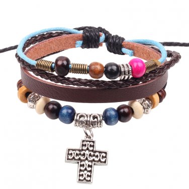 Unisex Cross Silver Leather Pendant Bracelet Surfer Tribal Cuff Handmade Bangle Beads Wristband