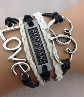 Infinity Heart Best Friend Charm Leather Bracelet Women Fashion Cord Chain Pendant Wristband Cuff