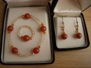 Swarovski Light Peach Fire Opal Crystal Amber Gemstone Stretch Bracelet Ring Set 6 inches/size 7
