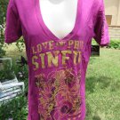 SINFUL By Affliction Tee Shirt LARGE Purple Magenta Glitter Love and Pride