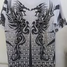 NEW DRAGONFLY SHIRT Small Whit Black Dragons Dueling Button Front Tribal
