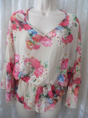 VERONICA M LOS ANGELES Blouse SHEER CREAM PINK FLORAL Ruffled MEDIUM NEW