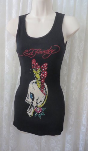 ED HARDY TANK SKULL BLACK One Size Butterfly Rhinestone ADORABLE