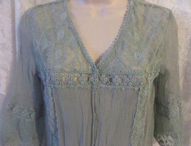 FREE PEOPLE Silk Blouse Embroidered S/P Green Sheer LOVELY