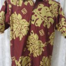GO BAREFOOT SHIRT SMALL Blues  Button Front BURGUNDY GOLD HAWAIIAN PRINT NEW