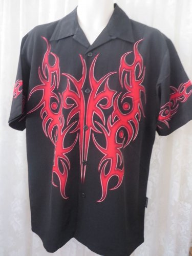 DRAGONFLY SHIRT Black Red Tribal Double Sided Print MEDIUM Rock Roll Bowl