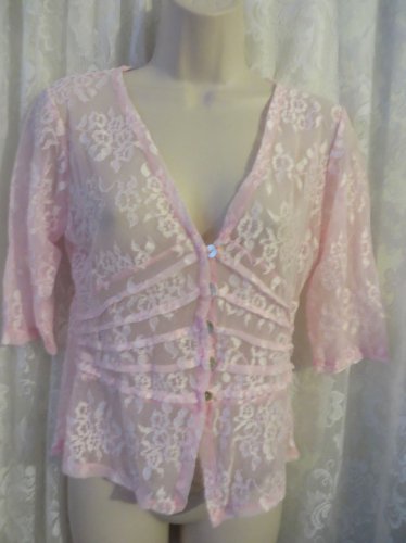 SURREALIST PINK Womens Top Shirt Sz 1 &Acirc;&frac34;  Sleeve Lace  SEXY  Mother pearl Buttons