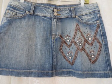 KIPPYS Womens Skirt Jean Denim Mini Distressed Studded Swarovski Crystal LARGE