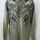 extreme couture AFFLICTION TEE SHIRT Henley GREEN Long Sleeve LARGE SKULL