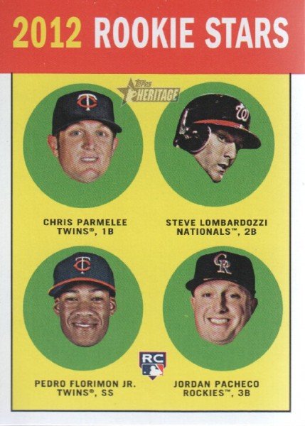 2012 Topps Heritage #135 Chris Parmelee RC/Steve Lombardozzi RC/Pedro Florimon RC/Jordan Pacheco RC