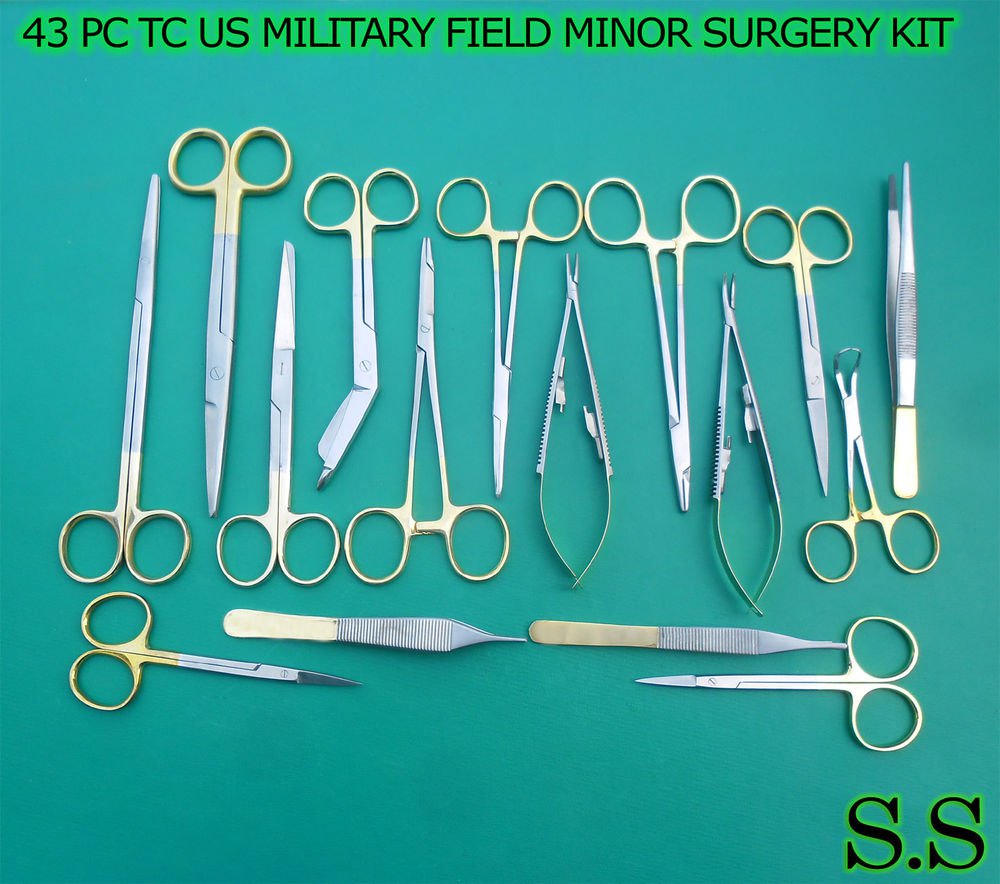 43 Pc T C Us Military Field Minor Surgery W Gold Handle Instruments Set