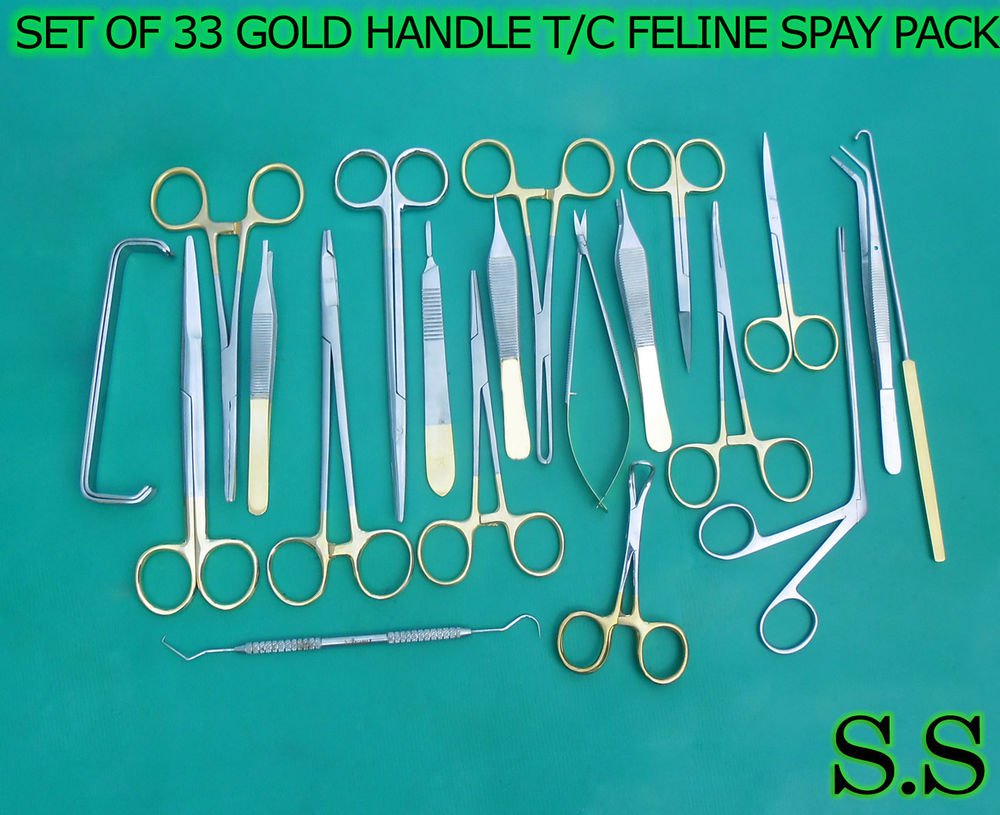 SET OF 33 GOLD HANDLE T/C FELINE SPAY PACK SURGICAL DENTAL INSTRUMENTS KIT