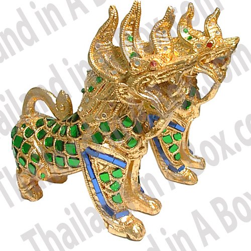 Pair Gilt Carving Singha Thai Lion Foo Dog Statue Decor