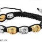 9mm Disco Ball MEXICAN DEATH HEAD SKULL Silver & Gold Tone Black String Bracelet