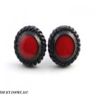 12mm LARGE ROUND RED CENTER with BLACK TONE RIBBED RIM STUD EARRINGS w/ PUSHBACK
