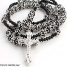 CATHOLIC CRUCIFIX BLACK DIAMOND CUT BEAD ROSARY SILVER DESIGN FINISH NECKLACE 40