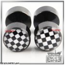 PAIR OF BLACK AND WHITE CHECKERED FLAG FAKE/CHEATER EARRINGS PLUGS 0g Look-EP076