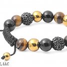 10mm Tiger Eye, Black Onyx, Gold Stainless Steel Stones Disco Balls Bracelet