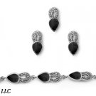 BLACK ONYX TEARDROP, Marcasite Silver Earrings, Pendant Bracelet Jewelry Set