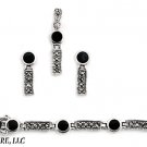 BLACK ONYX ROUND, Marcasite Silver Earrings, Pendant, Bracelet Jewelry Set