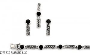 BLACK ONYX ROUND, Marcasite Silver Earrings, Pendant, Bracelet Jewelry Set