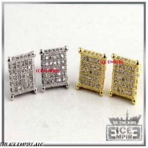 MENS/LADIES 9MM WHITE SILVER/YELLOW GOLD FINISH PAVE 3D CUBE STUD EARRINGS E019