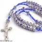 CATHOLIC CRUCIFIX BLUE DIAMOND CUT BEAD ROSARY SILVER DESIGN NECKLACE 40