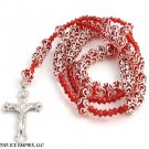 CATHOLIC CRUCIFIX RED DIAMOND CUT BEAD ROSARY SILVER DESIGN FINISH NECKLACE 40