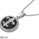 WOMEN / LADIES STAINLESS STEEL ROUND BLACK ONYX FLEUR DE LISE w/ 24in CHAIN