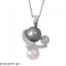 18MM .925 ITALIAN MALLORCA BLACK AND WHITE PEARL CZ PENDANT W/ NECKLACE