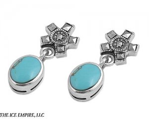 28MM STERLING SILVER TURQUOISE & MARCASITE GLOSS OVAL DANGLE STUD EARRINGS