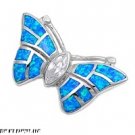 21MM STERLING SILVER LARGE BLUE LAB OPAL BUTTERFLY W/ CLEAR CZ ACCENT PENDANT