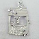 Brooch Pin Wishing Well Angels Cherubs Dangling Basket Silver Tone AJC